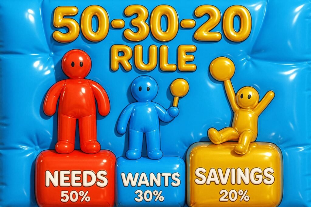 A colorful, inflatable-style illustration depicting the 50-30-20 budgeting rule. Three rounded cartoon figures stand on labeled blocks: a red figure on a red block labeled "NEEDS 50%", a blue figure on a blue block labeled "WANTS 30%", and a yellow figure sitting on a yellow block labeled "SAVINGS 20%." Above them, the bold yellow text reads "50-30-20 RULE" on a bright blue padded background, visually explaining the concept of balanced budgeting.