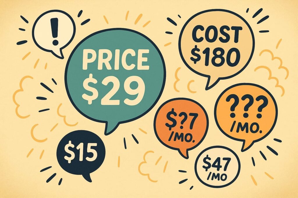 Cartoon speech bubbles displaying different chatbot prices and hidden costs, illustrating the gap between advertised and real expenses