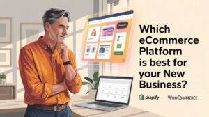 A lifestyle illustration of a thoughtful middle-aged man in an orange shirt considering ecommerce platform options, with a virtual dashboard featuring Shopify and WooCommerce logos displayed above a laptop, and the text "Which eCommerce Platform is best for your New Business?" on the right side.