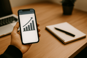 Photorealistic image of a person in a retail setting viewing a smartphone screen displaying an upward-trending ad cost graph — symbolizing the increasing cost of paid social advertising.