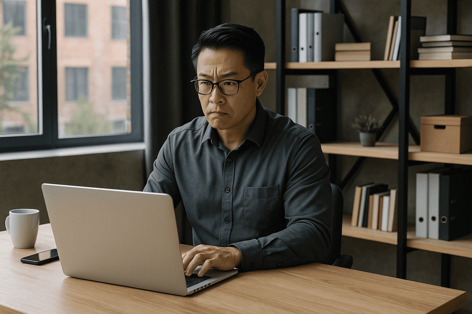 Middle-aged man with glasses focused on laptop at desk, analyzing Shopify chatbot app costs in a modern office setting