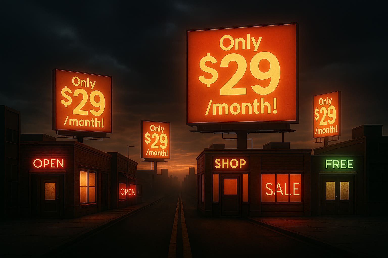 A dark, moody city street lined with glowing neon billboards displaying the phrase “Only $29/month!” in bold, oversized text. The road is empty, evoking a sense of artificial hype and emptiness beneath the sales-driven façade. Storefronts labeled “OPEN,” “SHOP,” “SALE,” and “FREE” add to the feeling of a deceptive ecommerce marketplace, where promises are loud, but the streets are empty.