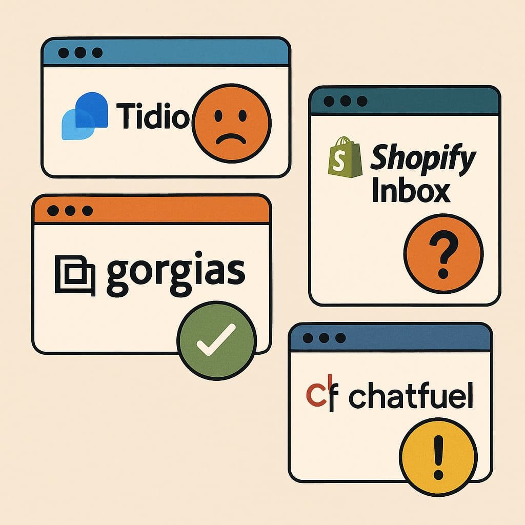 Minimalist illustration comparing Tidio, Shopify Inbox, Gorgias, and Chatfuel with icons indicating performance: checkmark, frown, question mark, and exclamation point