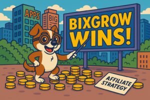 Cartoon dog with glasses pointing at a “BIXGROW WINS!” billboard while standing on gold coins labeled “Affiliate Strategy” in a vibrant city scene