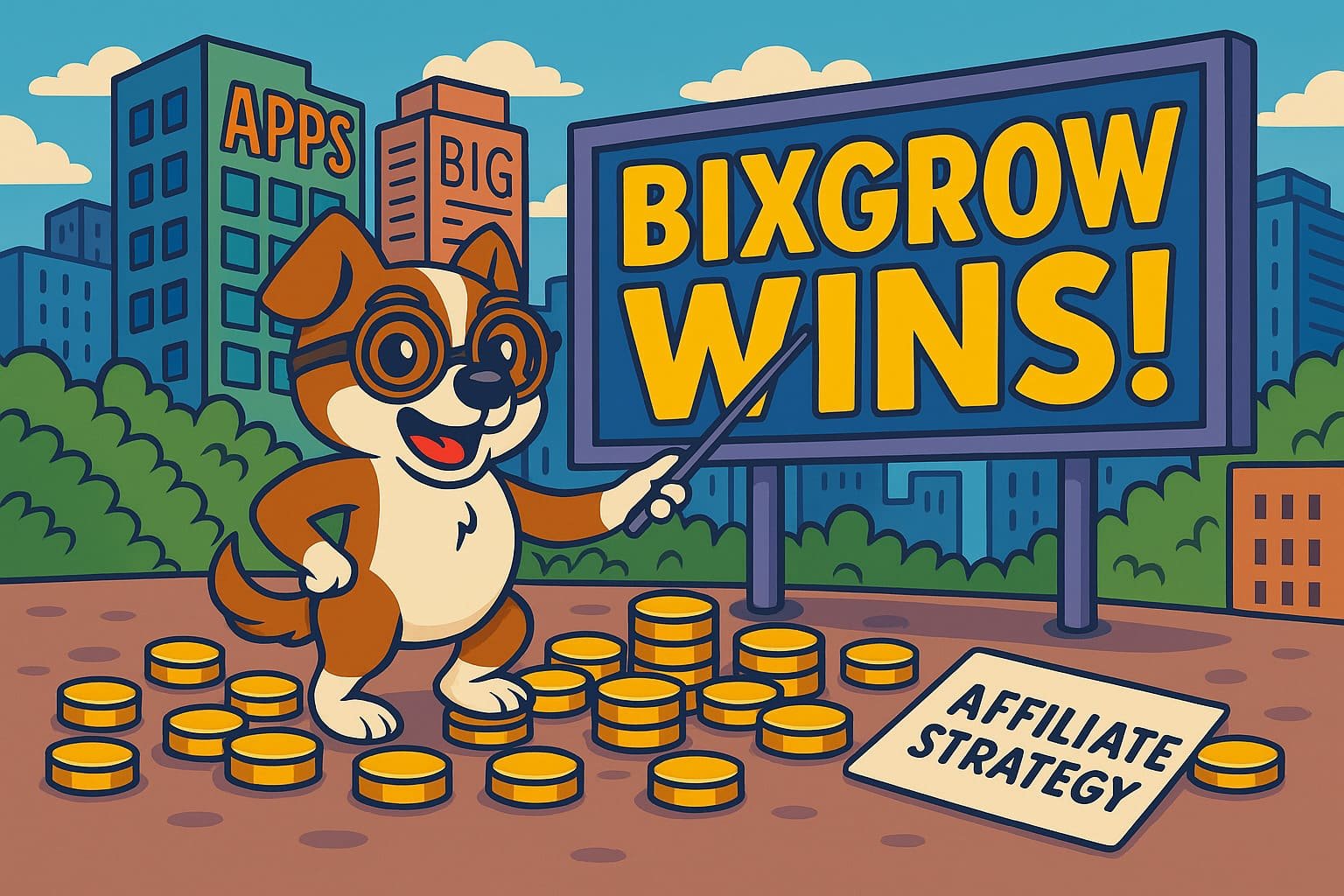 Cartoon dog with glasses pointing at a “BIXGROW WINS!” billboard while standing on gold coins labeled “Affiliate Strategy” in a vibrant city scene