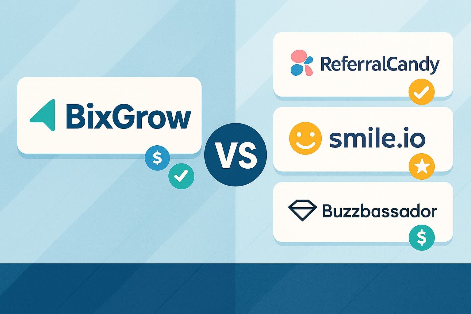 Landscape comparison graphic showing BixGrow logo on the left versus ReferralCandy, Smile.io, and Buzzbassador logos on the right, separated by a large "VS" circle