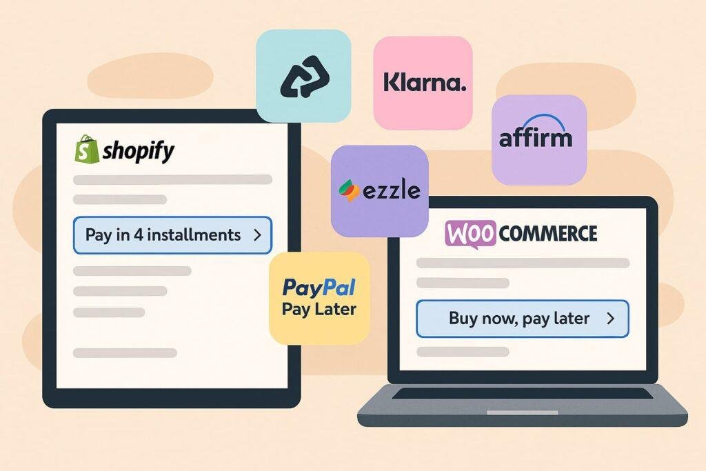 Flat-style illustration showing Shopify and WooCommerce dashboards with BNPL payment options and icons for Afterpay, Klarna, Affirm, Sezzle, and PayPal Pay Later.