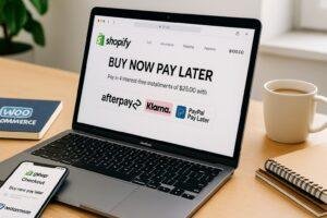 Laptop showing a Shopify checkout page with Buy Now Pay Later payment options (Afterpay, Klarna, PayPal Pay Later) alongside a smartphone displaying WooCommerce checkout.