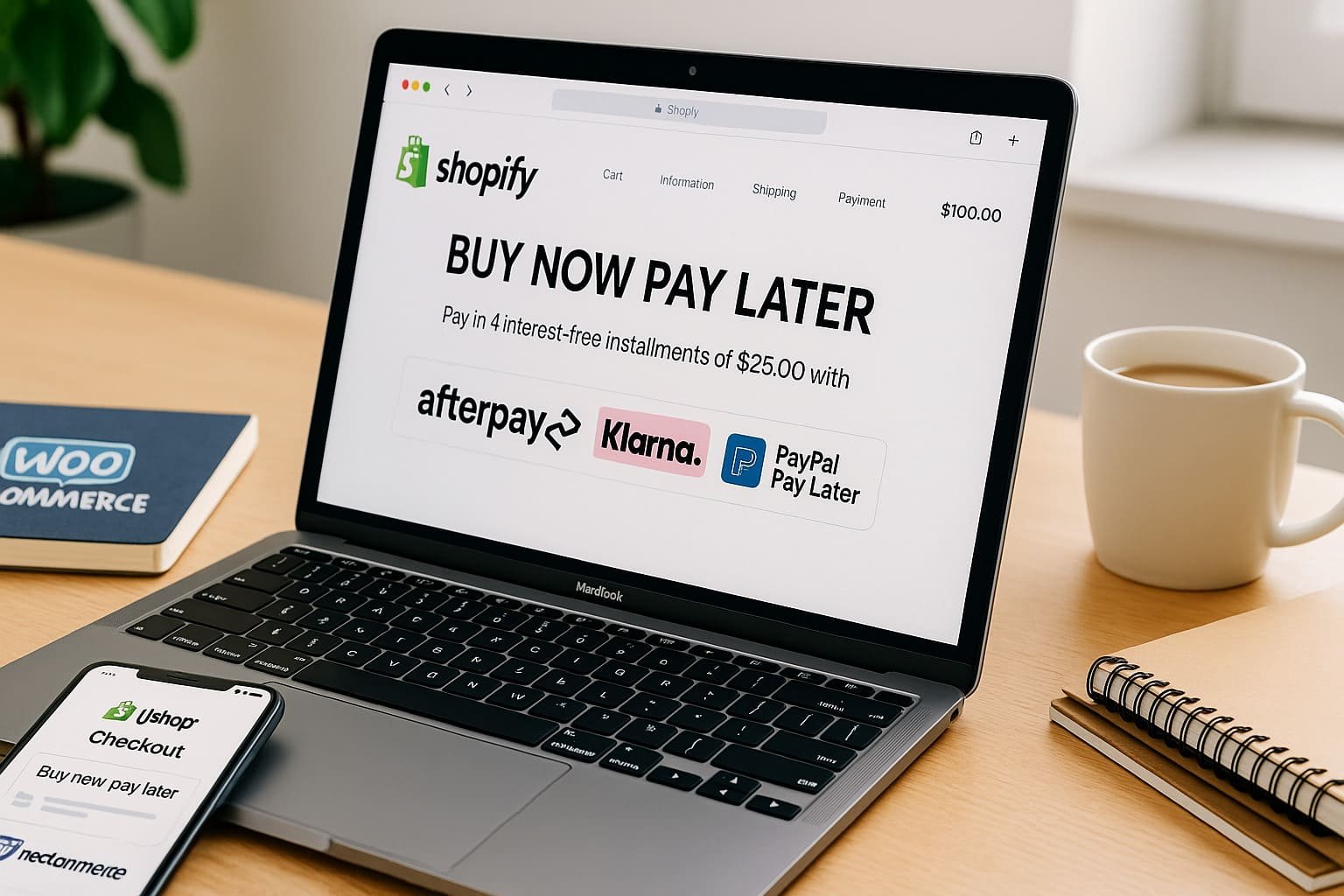Laptop showing a Shopify checkout page with Buy Now Pay Later payment options (Afterpay, Klarna, PayPal Pay Later) alongside a smartphone displaying WooCommerce checkout.