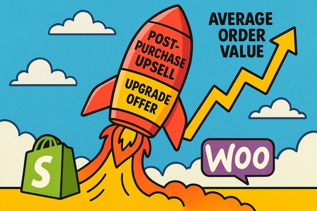 Cartoon rocket showing ecommerce upsell funnel stages with rising average order value and Shopify, WooCommerce logos in a 16:9 layout