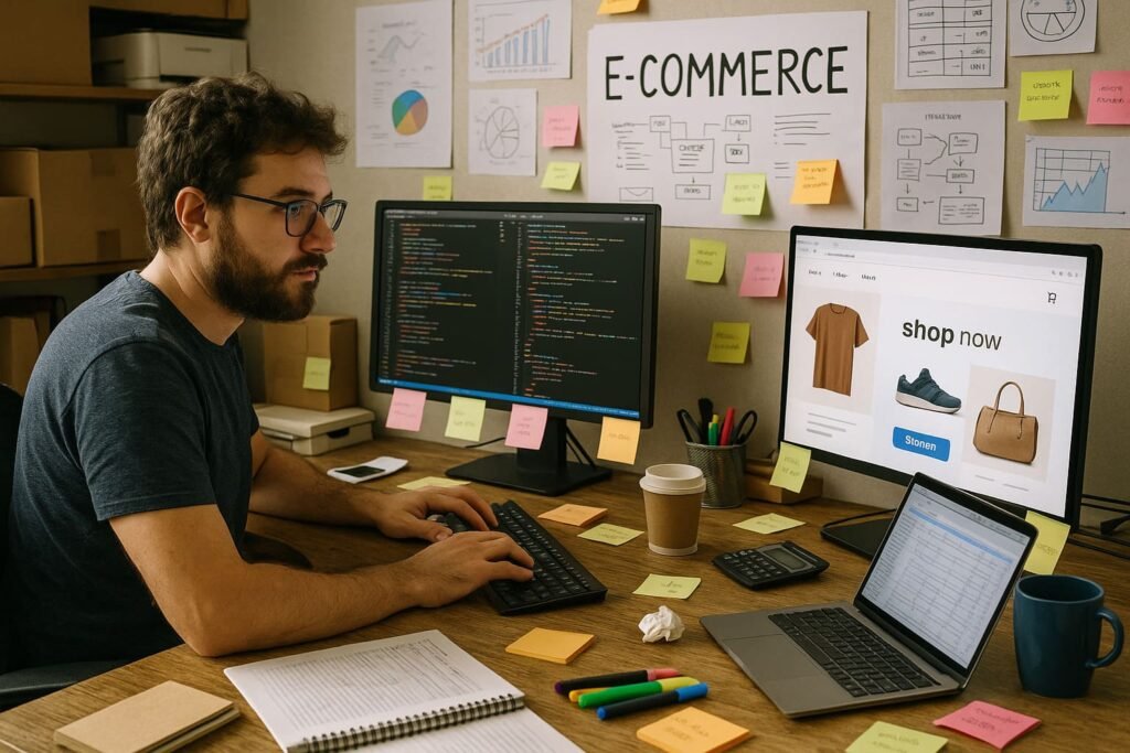 A bearded male developer works at a cluttered desk with two large monitors and a laptop. One screen shows ecommerce website code, and the other displays a storefront featuring apparel and accessories with a "Shop Now" button. The workspace is surrounded by colorful sticky notes, charts, flow diagrams, and coffee cups, creating an authentic look at the complexity and effort behind launching and managing an ecommerce business.