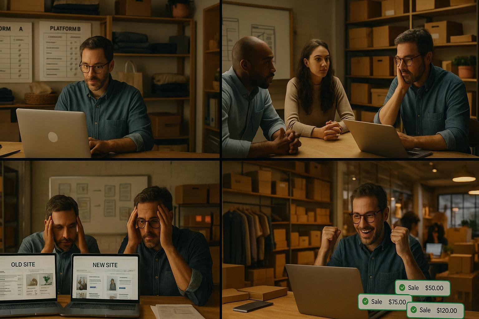 A team discusses the performance of an ecommerce app, comparing an old site and a new site on laptops. The top image shows a focused man working on a laptop with colleagues, while the bottom image captures his excitement after witnessing sales success on the new site, highlighted by visible sales notifications. This scene emphasizes the importance of effective ecommerce app reviews and the impact of website design on sales performance.