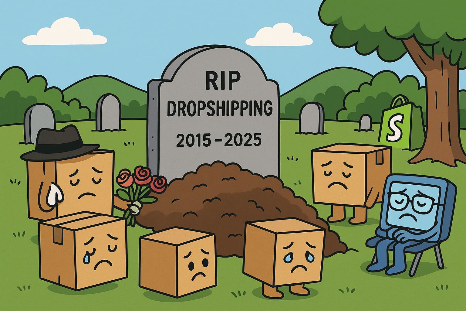Cartoon funeral scene with sad product boxes around a tombstone labeled “RIP Dropshipping 2015–2025”