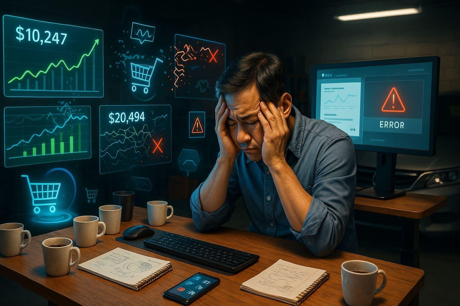 A stressed man sitting at a desk with multiple coffee cups, analyzing ecommerce data on a computer screen displaying graphs and error messages. This image reflects the challenges faced in managing an ecommerce app, relevant for reviews and insights on performance and user experience.