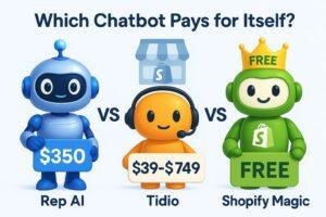 Comparison of chatbot pricing for ecommerce: Rep AI ($350), Tidio ($39-$749), and Shopify Magic (Free). Ideal for ecommerce app reviews to assess cost-effectiveness in customer support solutions.