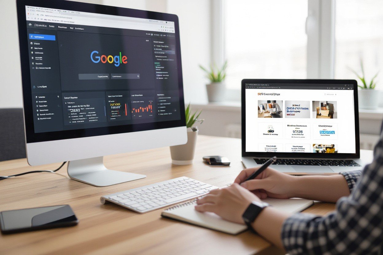 A person taking notes while reviewing ecommerce applications on a laptop, with a desktop computer displaying Google search results, showcasing a modern workspace ideal for online business research and app evaluations.
