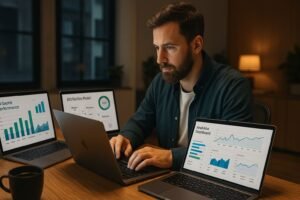 Focused Shopify store owner working on a MacBook surrounded by analytics dashboards showing attribution models and ad performance.