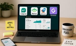 Laptop showing a Shopify dashboard surrounded by app icons like Judge.me, Klaviyo, ReConvert, and Growave, alongside conversion tools and a mug labeled ‘Conversion Fuel’.