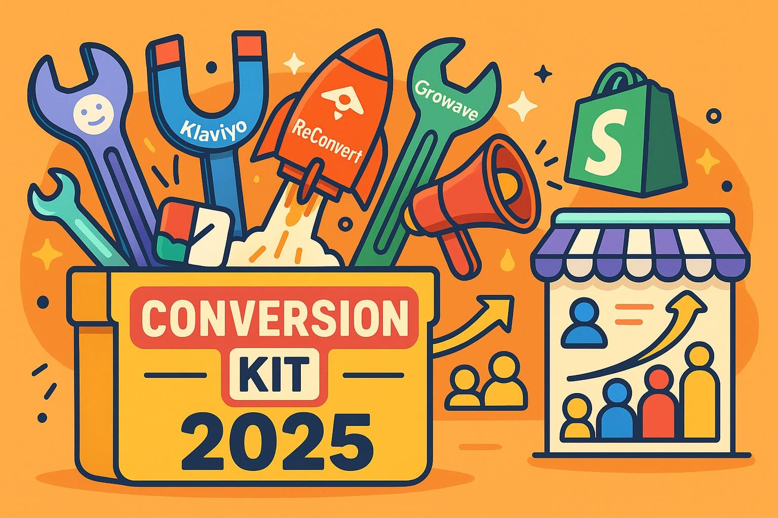 A colorful digital illustration of a toolbox labeled “Conversion Kit 2025” filled with symbolic tools representing Shopify apps like Klaviyo, ReConvert, and Growave, set against a Shopify storefront backdrop.