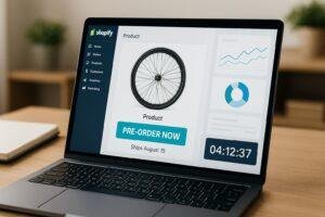 Laptop showing a Shopify product page with a “Pre-Order Now” button, analytics dashboard, and countdown timer