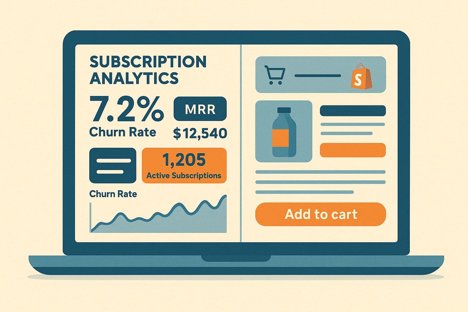 Flat-style illustration of a laptop showing Shopify subscription analytics with charts and churn metrics