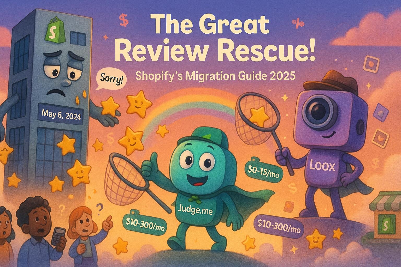 Colorful illustration depicting a playful scene titled "The Great Review Rescue!" featuring Shopify's Migration Guide for 2025. Characters representing Judge.me and Loox are capturing stars, symbolizing customer reviews. The image highlights pricing tiers for review apps ($0-15/mo, $10-300/mo) and includes a date, May 6, 2024, reflecting the urgency of the migration. Ideal for the Ecommerce App Review website, this visual emphasizes the importance of managing customer feedback during platform transitions