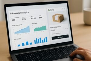 Shopify subscription analytics dashboard showing churn rate, MRR, and product page