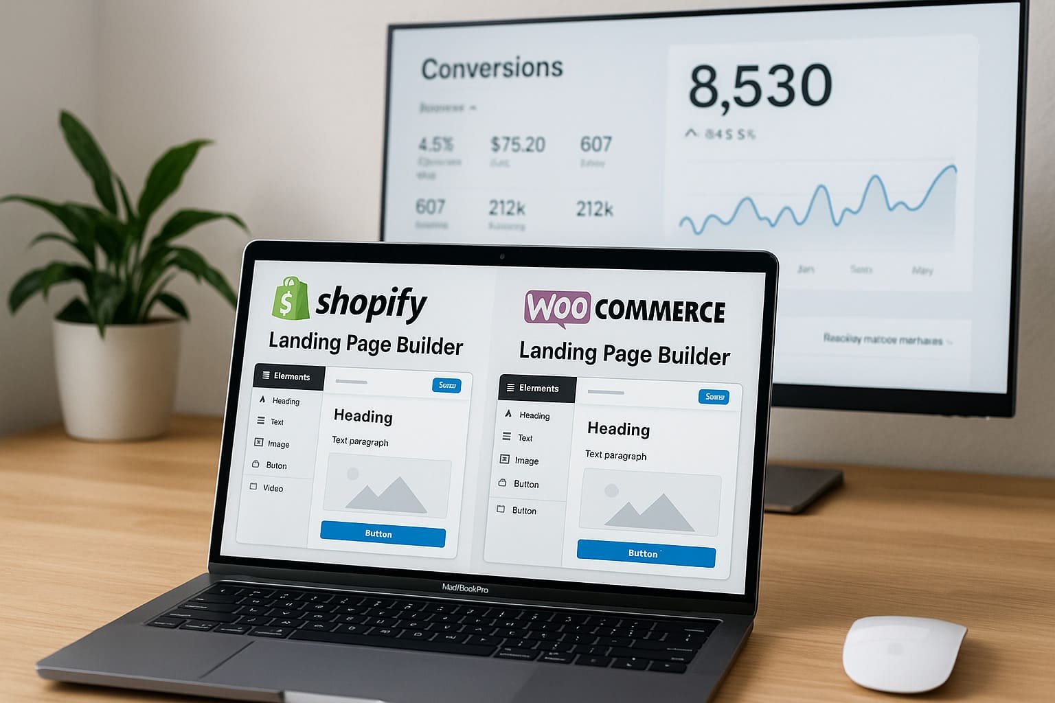 Laptop showing Shopify and WooCommerce landing page builder tools with conversion analytics on a nearby screen