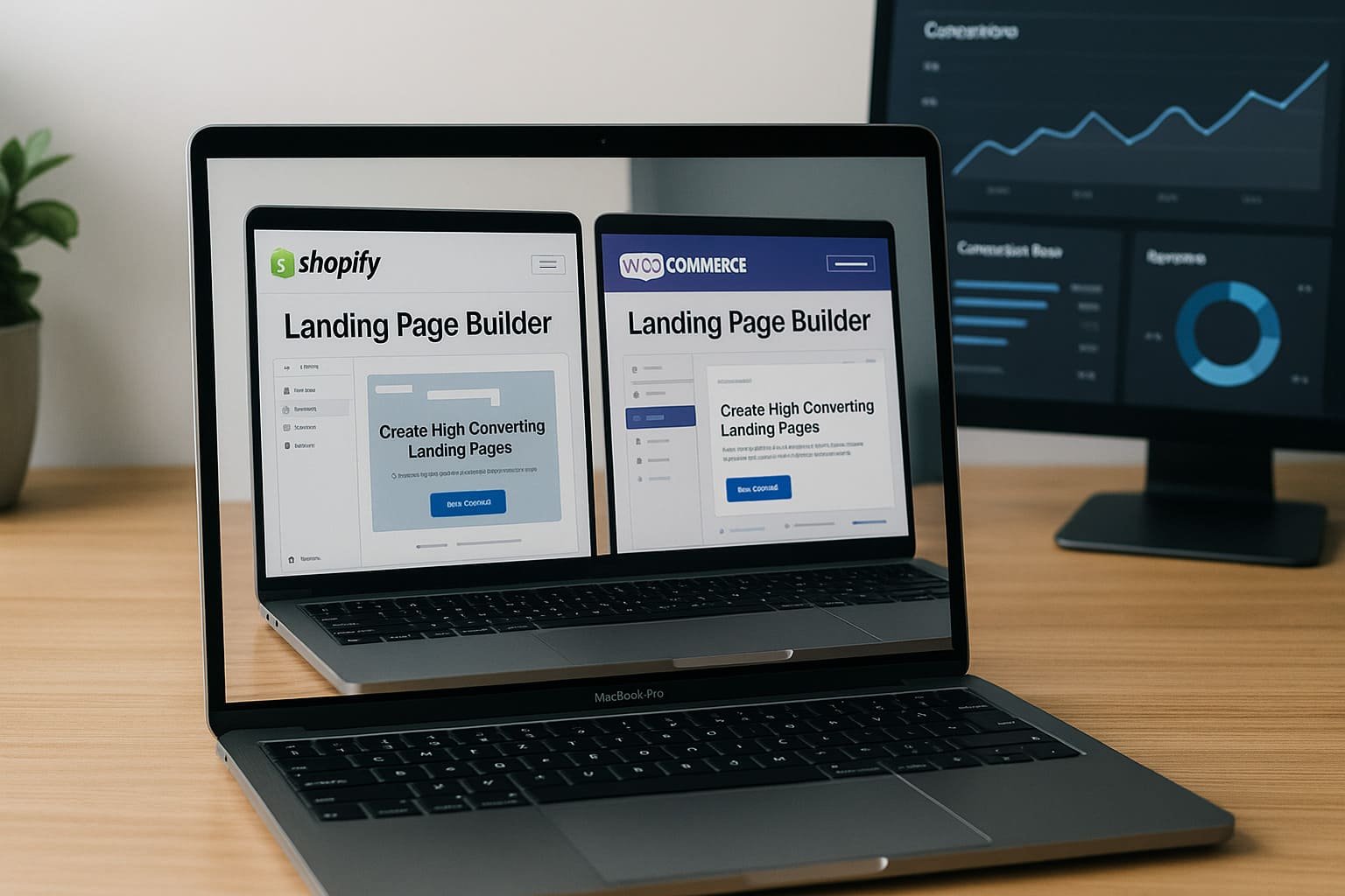 Laptop showing Shopify and WooCommerce landing page builder interfaces side by side
