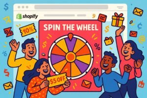 Cartoon-style spin-the-wheel popup game on a Shopify store with happy customers winning discounts and prizes