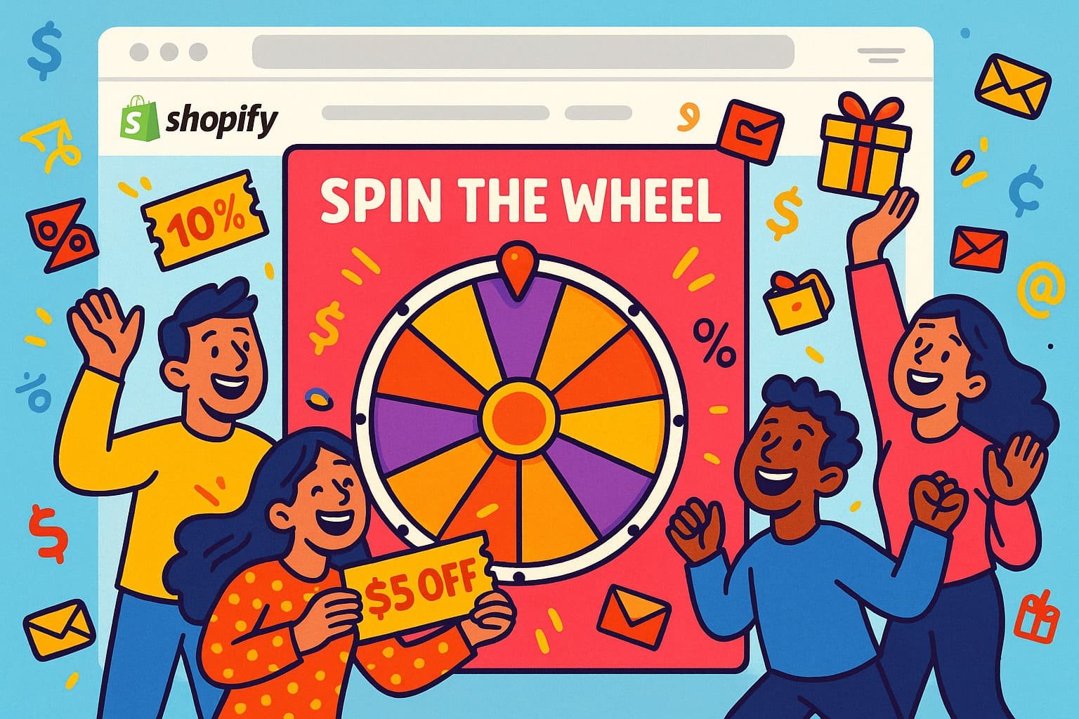Cartoon-style spin-the-wheel popup game on a Shopify store with happy customers winning discounts and prizes