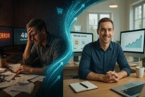 A split image depicting the contrasting experiences of an ecommerce business owner: on the left, a frustrated individual facing a "404 Page Not Found" error with scattered papers and coffee cups, and on the right, a smiling entrepreneur in a well-organized office, showcasing an online store and upward sales graph on dual monitors. This visual highlights the challenges and successes in the ecommerce landscape, relevant to Ecommerce App Review insights.