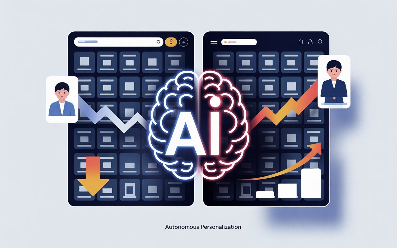 AI personalization dashboard showing customer conversion improvement from declining to rising metrics via autonomous learning