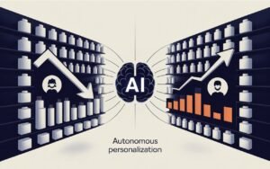 Split-screen showing ecommerce transformation: cluttered product shelves vs AI-organized personalized shopping experience