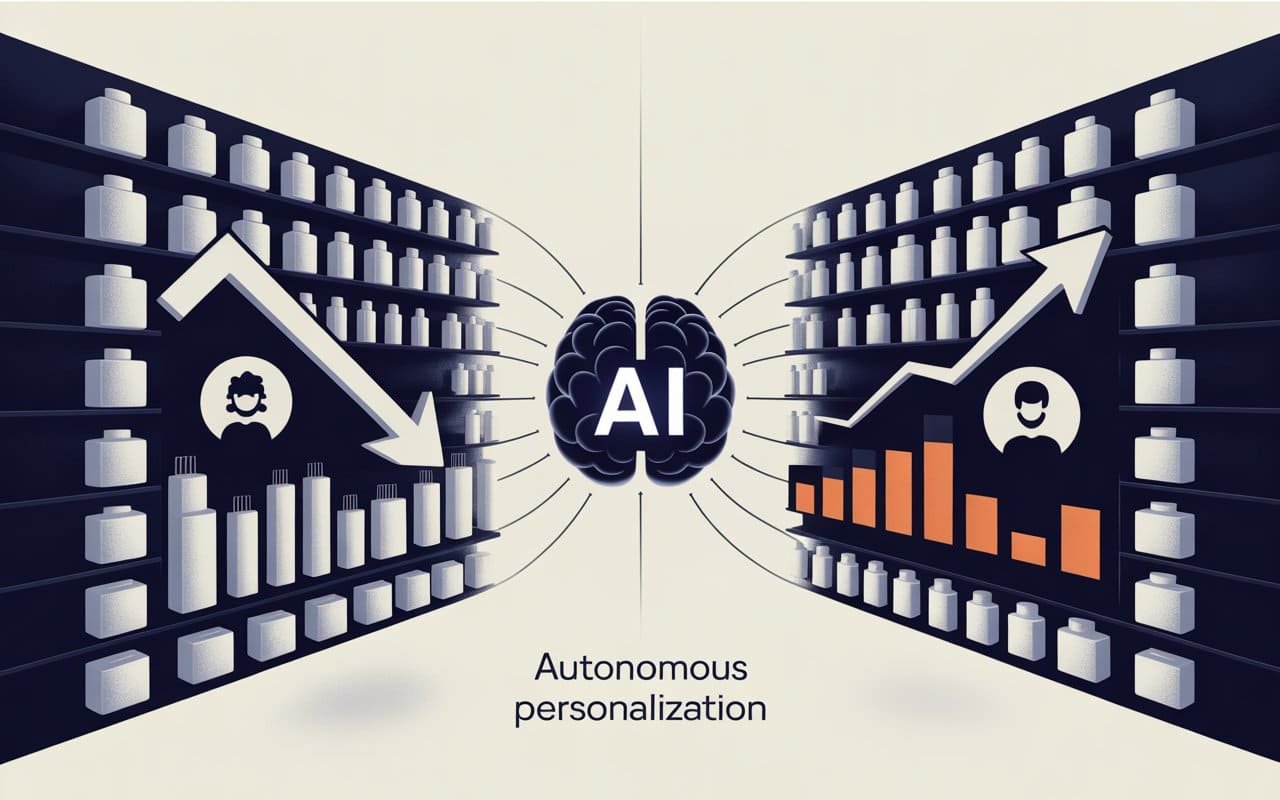 Split-screen showing ecommerce transformation: cluttered product shelves vs AI-organized personalized shopping experience