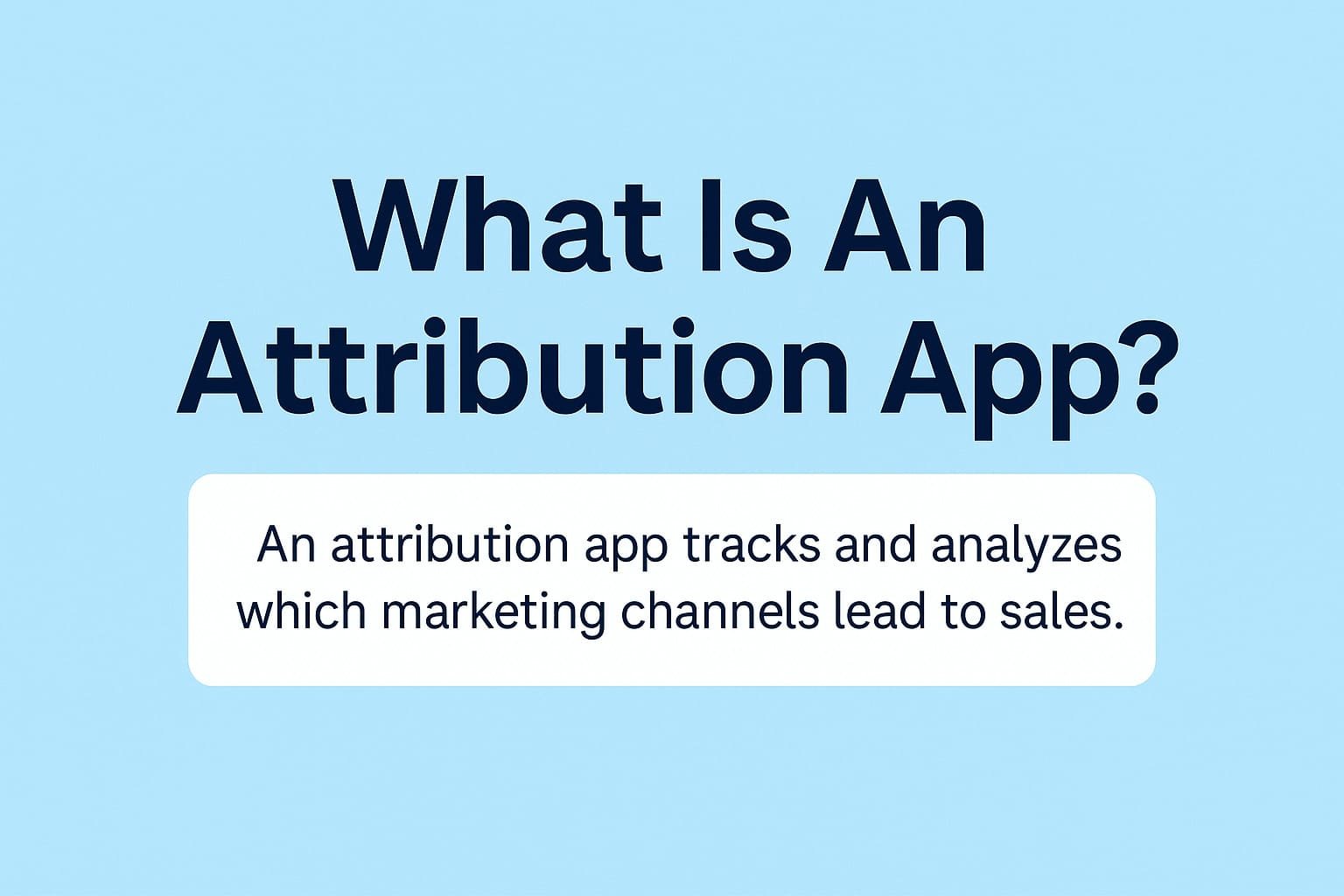 Blue graphic displaying the title “What Is An Attribution App?” and a definition stating the app tracks marketing channels that lead to sales.