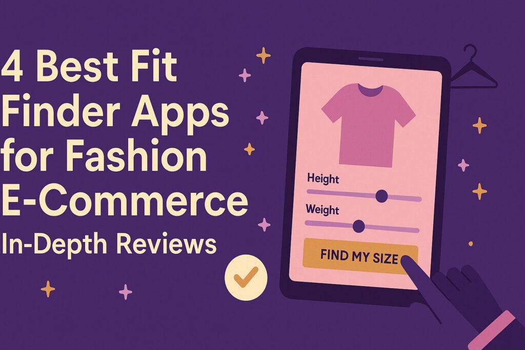Flat-style digital illustration of a fashion ecommerce site with virtual fitting room, AI sizing widget, customer avatars, decreasing return rates, and Shopify and WooCommerce icons. Bright, clean, and modern design.